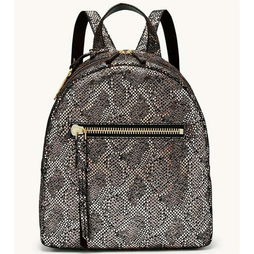 S Fossil Megan Silver Metallic Black Leather Backpack ZB7861043 NWT Python $168